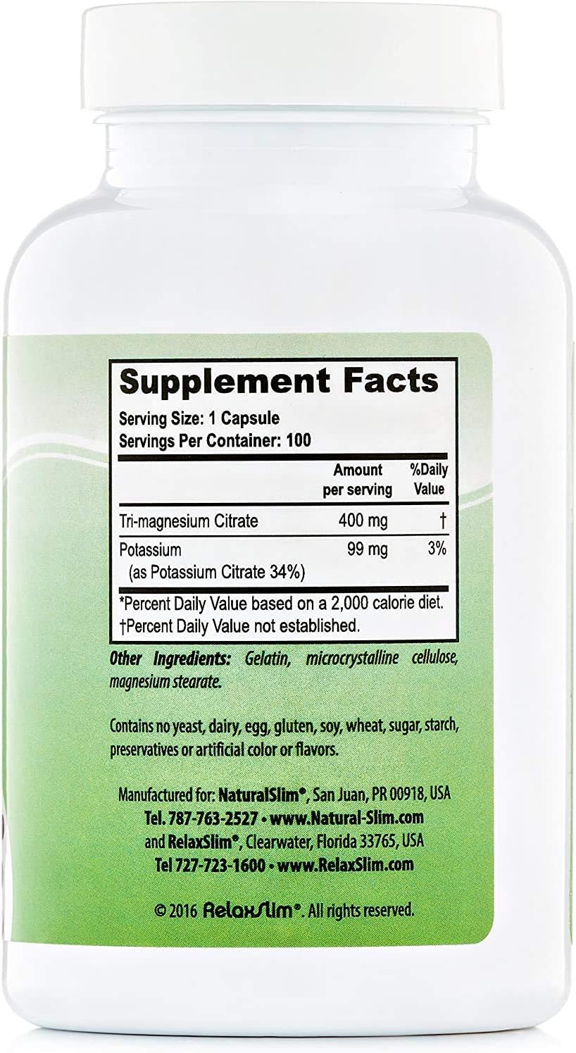 NaturalSlim Anti Stress Magnesium Capsules - Pure Magnesium Citrate Plus Potassium - Natural Aid to a Slow Metabolism, Muscle Relaxation & Sleeping Difficulties - 500 mg - 100 Count (1 Pack): Health & Personal Care