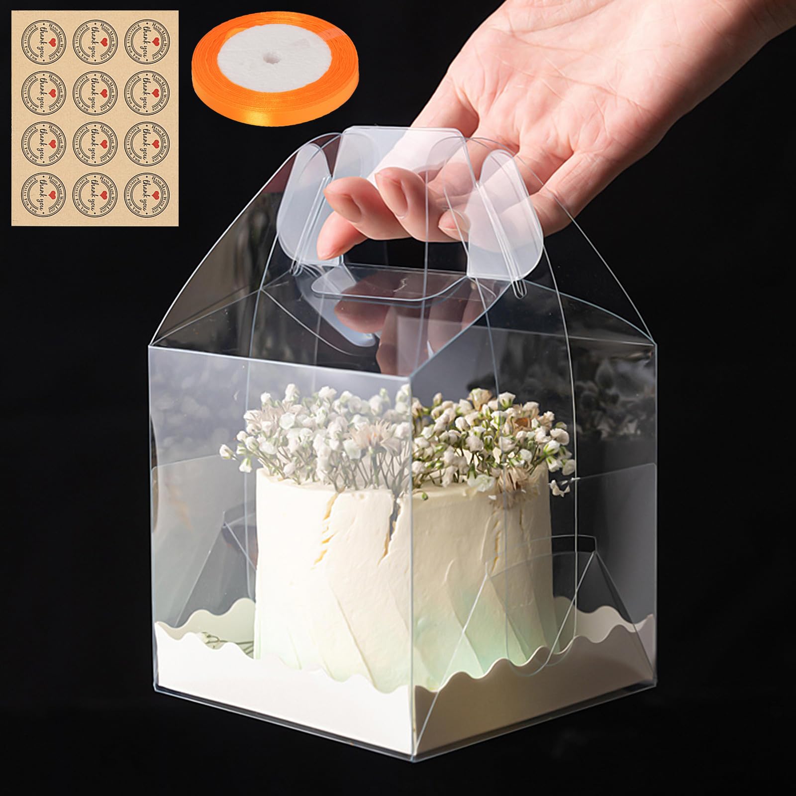 RAINPOP 10Pcs Transparent Cake Boxes, Square Plastic Baking Box Clear Cake Gift Box with Handle, 5.25in Individual Cake Boxes Containers Display Box for Dessert Candy Cakes (Small)