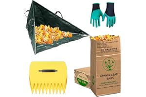 AimGrowth Leaf Collector Tripod Bag and Lawn Leaf bag Kit with leaf scoops | 10 Count 30 Gallon 2-Ply Heavy Duty Self Standing Kraft Paper Bags Yard Waste Bag for Grass Clippings Wet Dry Leaves