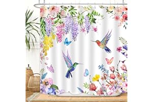 ZXMBF Watercolor Flower Hummingbird Shower Curtain Spring Bird Butterfly Floral Plant Nature Modern Home Bathroom Bathtub Decor Waterproof Fabric 72Lx72W Inch with 12PCS Hooks