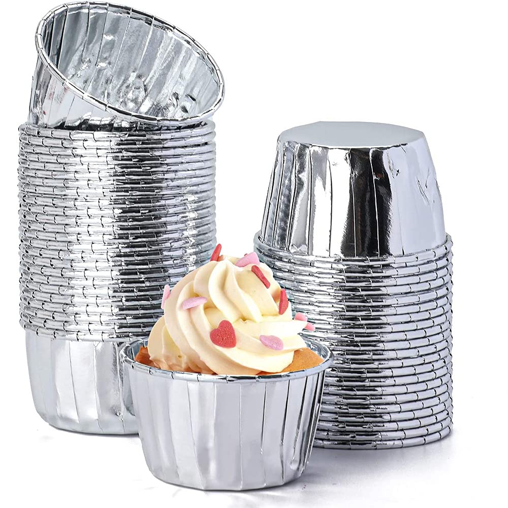 ANCLLO 50Pcs Party Hippo Cupcake Cups Foil Muffin Liners Gold Cupcake Baking Cups Little Baking Cups-Silver