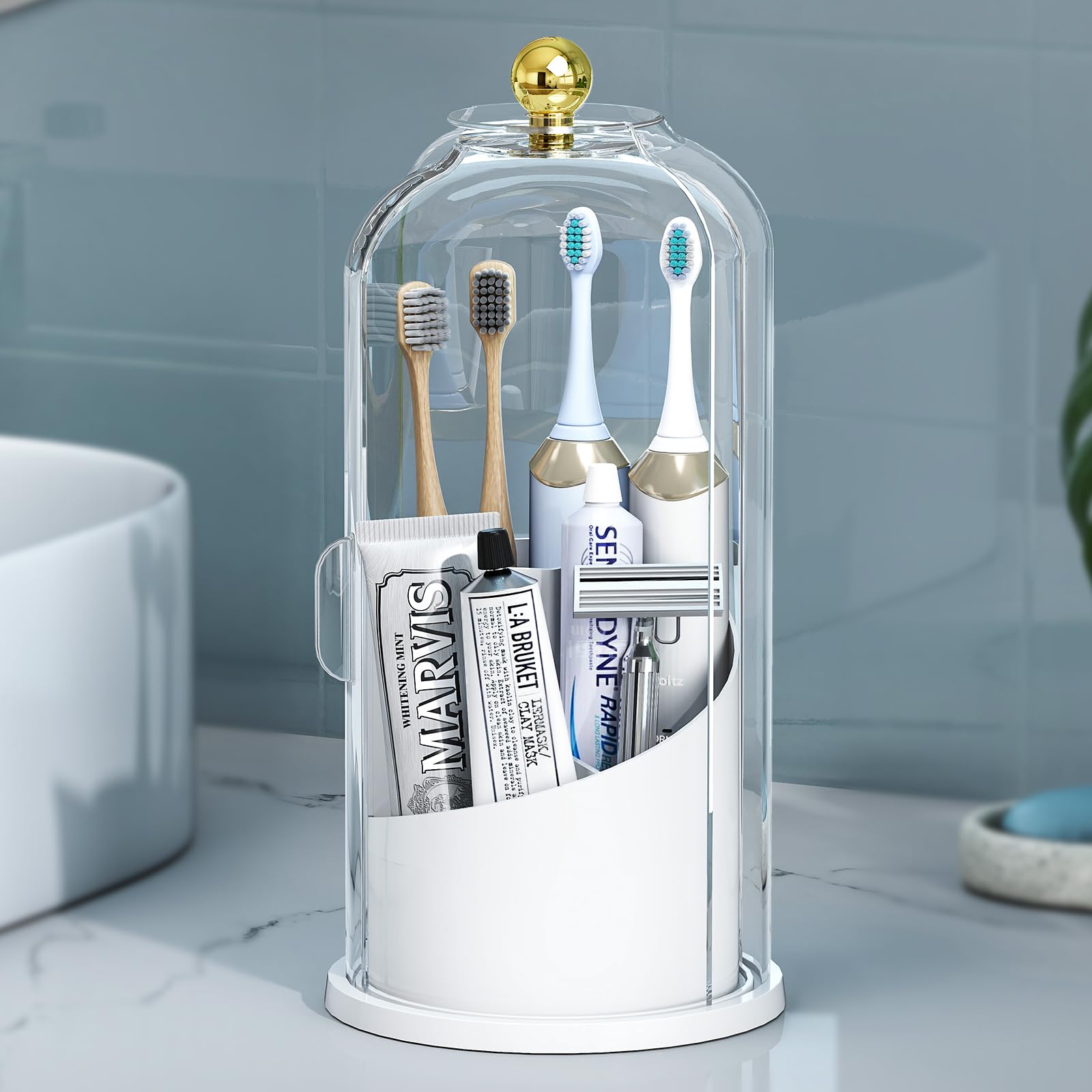 Photo 1 of *Major Damaged* Delamu Toothbrush Holders with 360° Smooth Rotating Base, 3 Slots Bathroom Organizer Countertop with Sliding Lid, Brush Toothpaste Holder Makeup Brush Organizer for Vanity, White