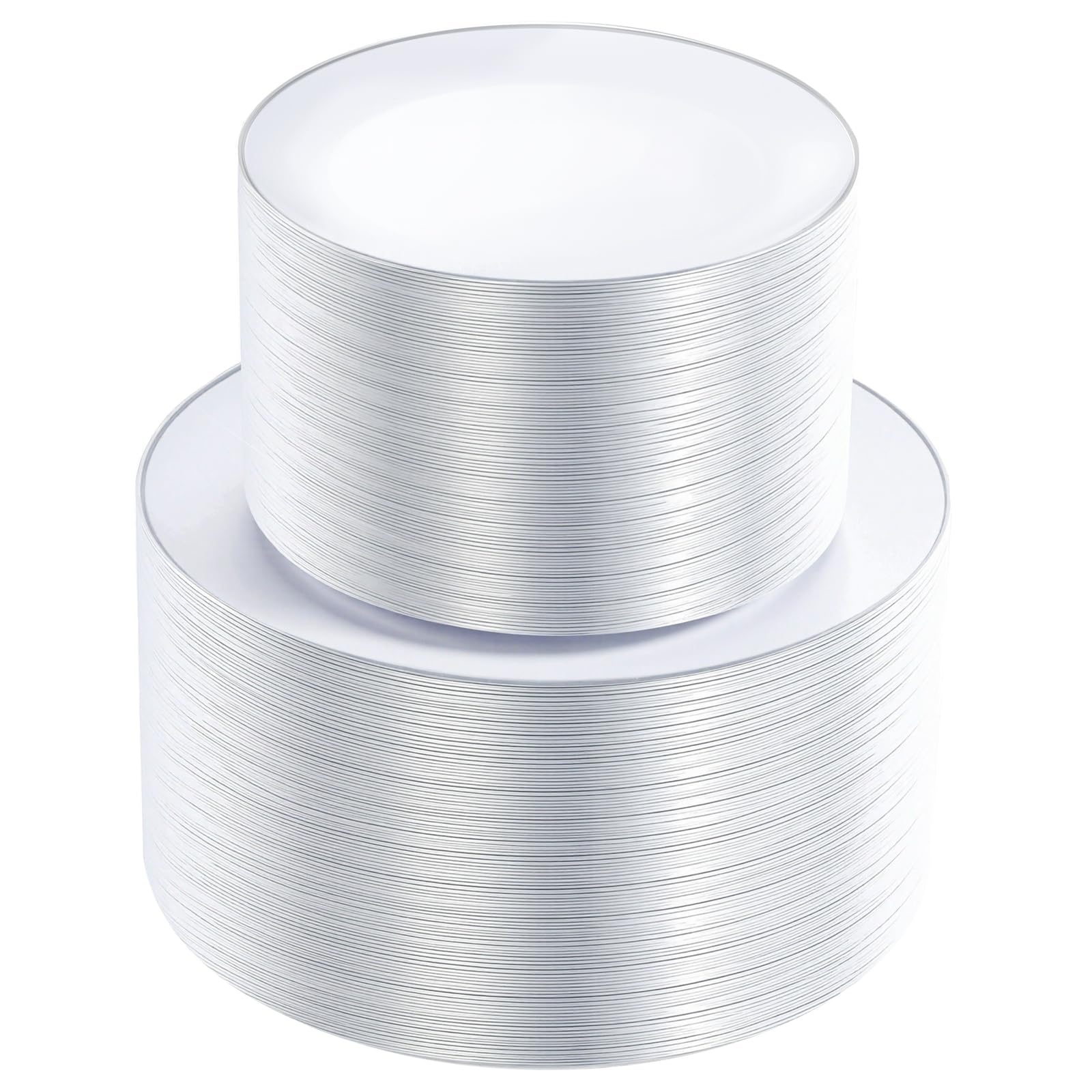 Photo 1 of KIRE 200PCS Silver Plastic Plates - White Plastic Plates with Silver Rim Include 100 Dinner Plate and 100 for Dessert/Salad Plate for Birthday/Wedding/Party