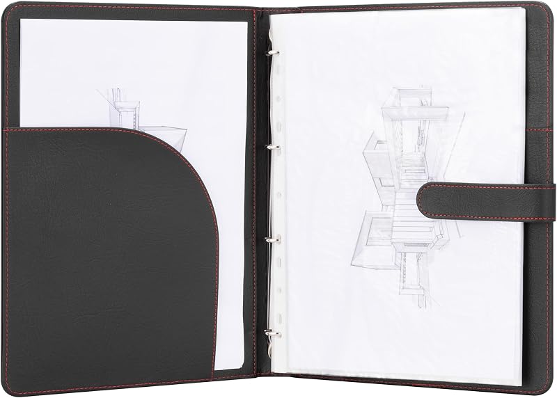 H&S A4 Portfolio Folder with Ring Binder 40 Pockets Black Faux Leather