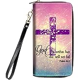 Women's Large Capacity Wallet,Portable PU Leather Zipper Wallet for Smart Phone/Card/Coin/Cash,Multifunctional Clutch Wallet with Removable Wristlet Strap,Christian Cross Quote Bible Verse Psalm 46:5