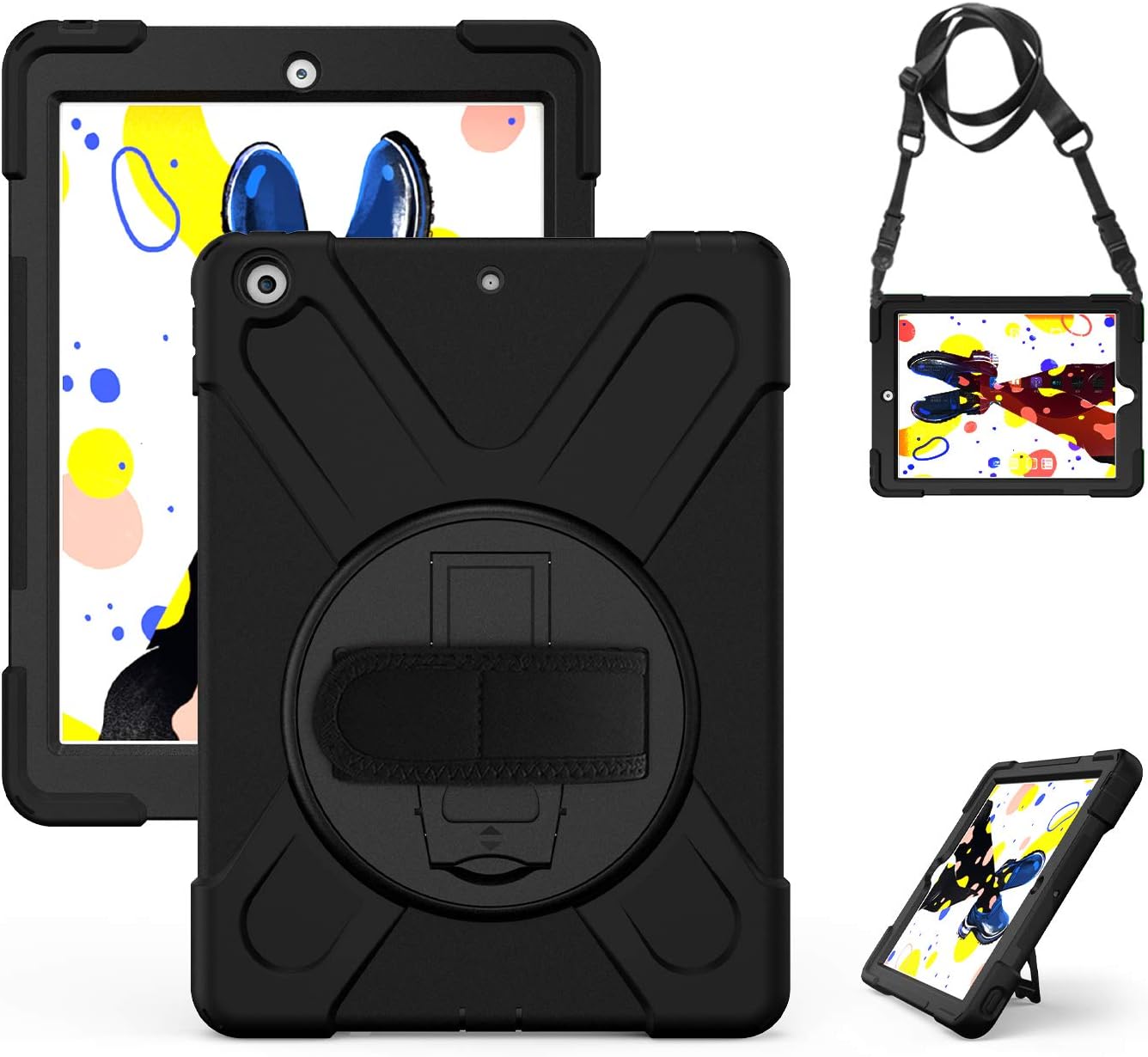 New iPad 10.2 2019 Case, Yoomer Three Layer Hybrid Heavy Duty Shockproof 360 Degree Rotatable Case Cover with Kickstand Hand Strap Shoulder Strap and Stylus Holder for New iPad 7th Generation 10.2"