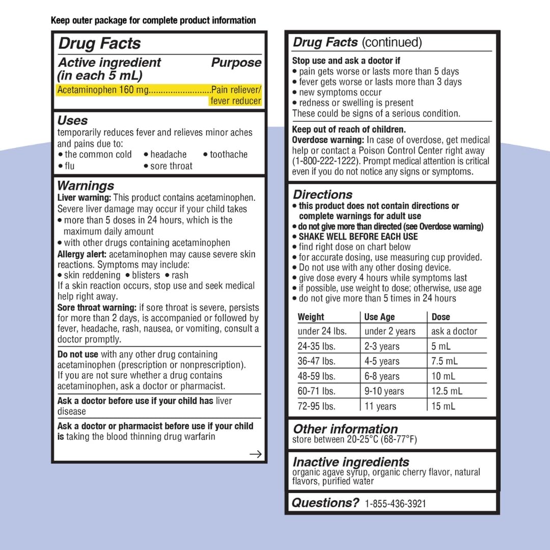 Genexa Infants' Clean Acetaminophen | Pediatrician Preferred Ingredients | Pain Reliever & Fever Reducer for Babies | Dye Free, 0% Artificial Additives | Delicious Organic Blueberry Flavor, 2 fl oz