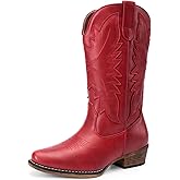 DREAM PAIRS Cowboy Boots for Women Cowgirl Western Mid Calf Boots Snip Toe Embroidered Stitched Low Chunky Heel Pull On Fashion Boots