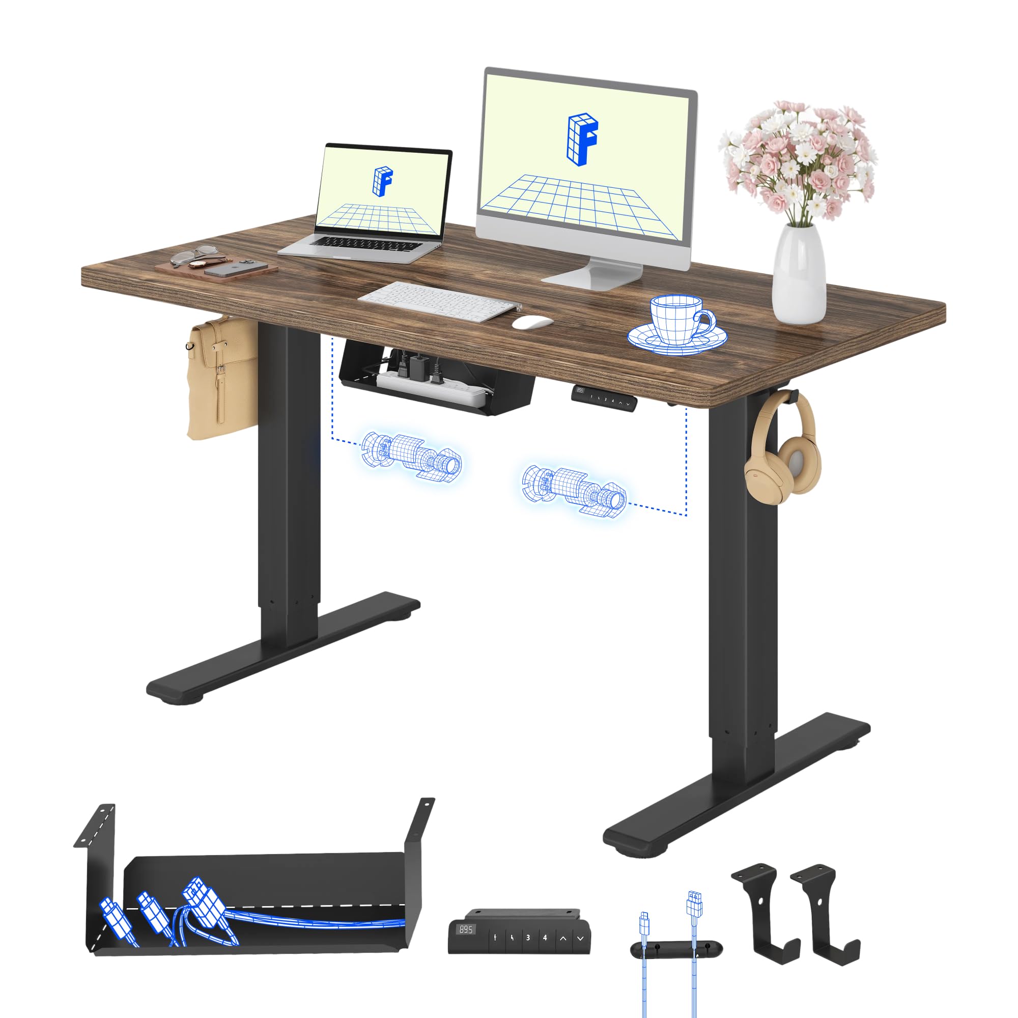 FLEXISPOT Höhenverstellbarer Schreibtisch mit 2 Motoren & 25MM einteiliger Tischplatte,ergonomischer Bürotisch - 120 x 80 cm Walnussbraun, schwarzes Gestell
