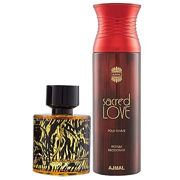 Maryaj Wild Stripes Eau De Parfum Aromatic Oriental Perfume 100ml for Men and Ajmal Sacred Love Deodorant Floral Musky Fragrance 200ml for Women + 2 Parfum Testers FREE