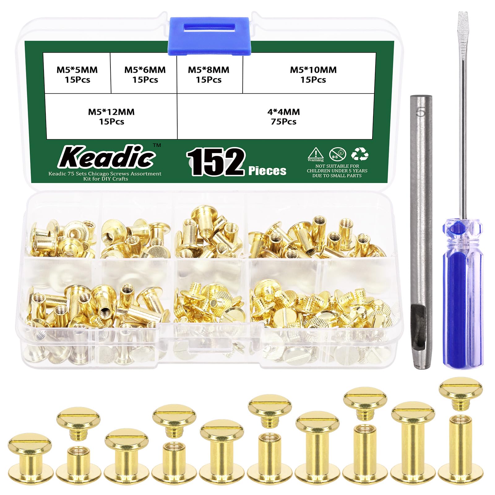 Keadic 152Pcs 5 Sizes Chicago Screws Assortment Set with Setting Tool, M5 x 5/6/8/10/12mm Flat Head Leather Rivets, Bookbinding Posts Nail Studs for Purse Collar Belt Shoes DIY (Gold)