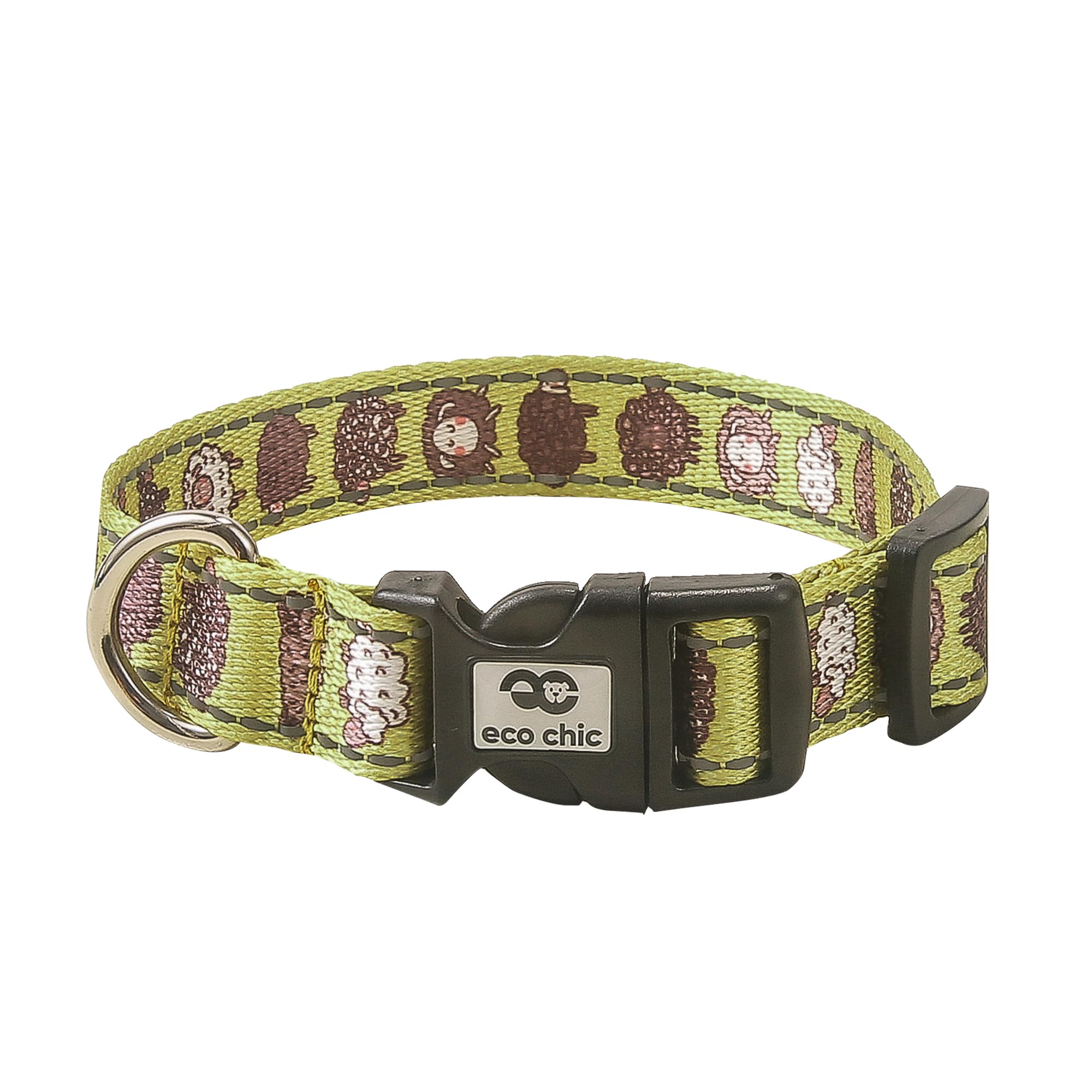 Eco Chic Recycled Reflective Dog Collar Soft Adjustable Pet Collar with Quick Release Buckle (Cute Sheep Green Medium)