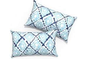 TWLEAR Outdoor Lumbar Pillows 12x20 inch, Rectangle Throw Pillows with Inserts, Decorative Lumbar Cushions for Patio Furniture Garden Couch Home Sofa Office Chair, Pack of 2, Boho Geometry Blue