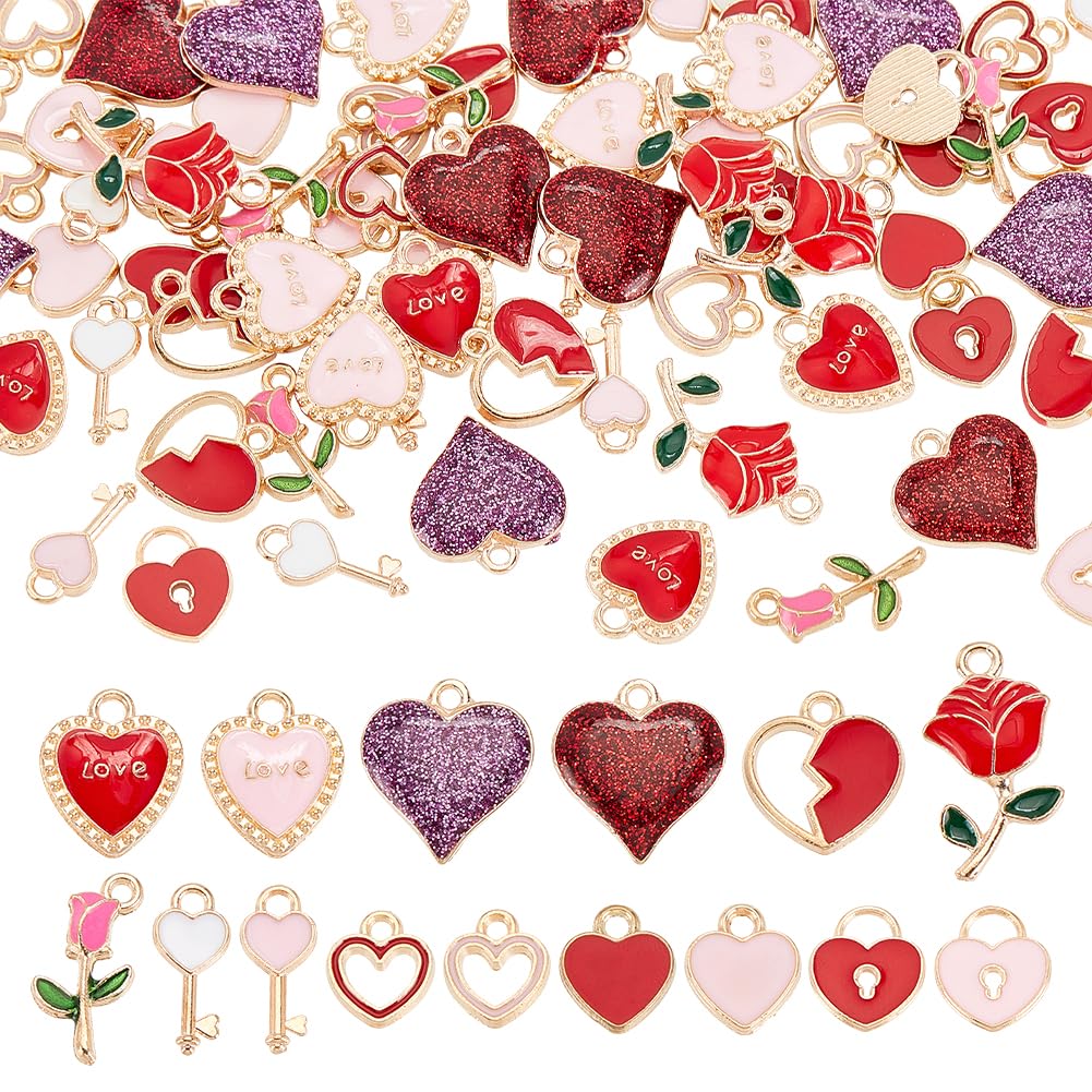 PH PandaHall 90pcs 15 Styles Enamel Heart Pendants Pink Red Rose Flower Charms Sweet Heart Charms Jewellery Making Pendants for Necklace Earrings Bracelet Keychain DIY Crafts Mother's Day