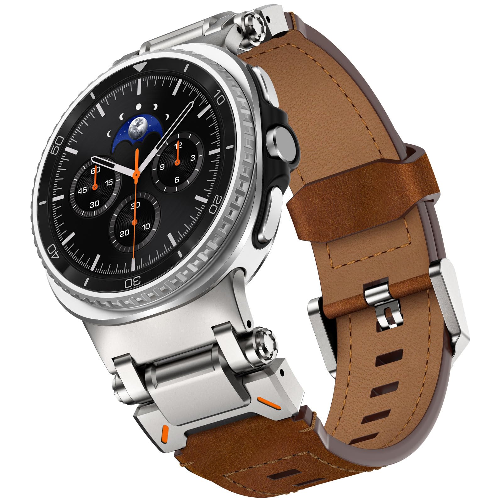 WINGLE Leather Band for Galaxy Watch 8/8 Classic Band Samsung Galaxy Watch 8 Bands Men 46mm 44mm 40mm Rugged Top Grain Genuine Leather Strap Metal Connector Armor Classy Casual Business Bands, Brown