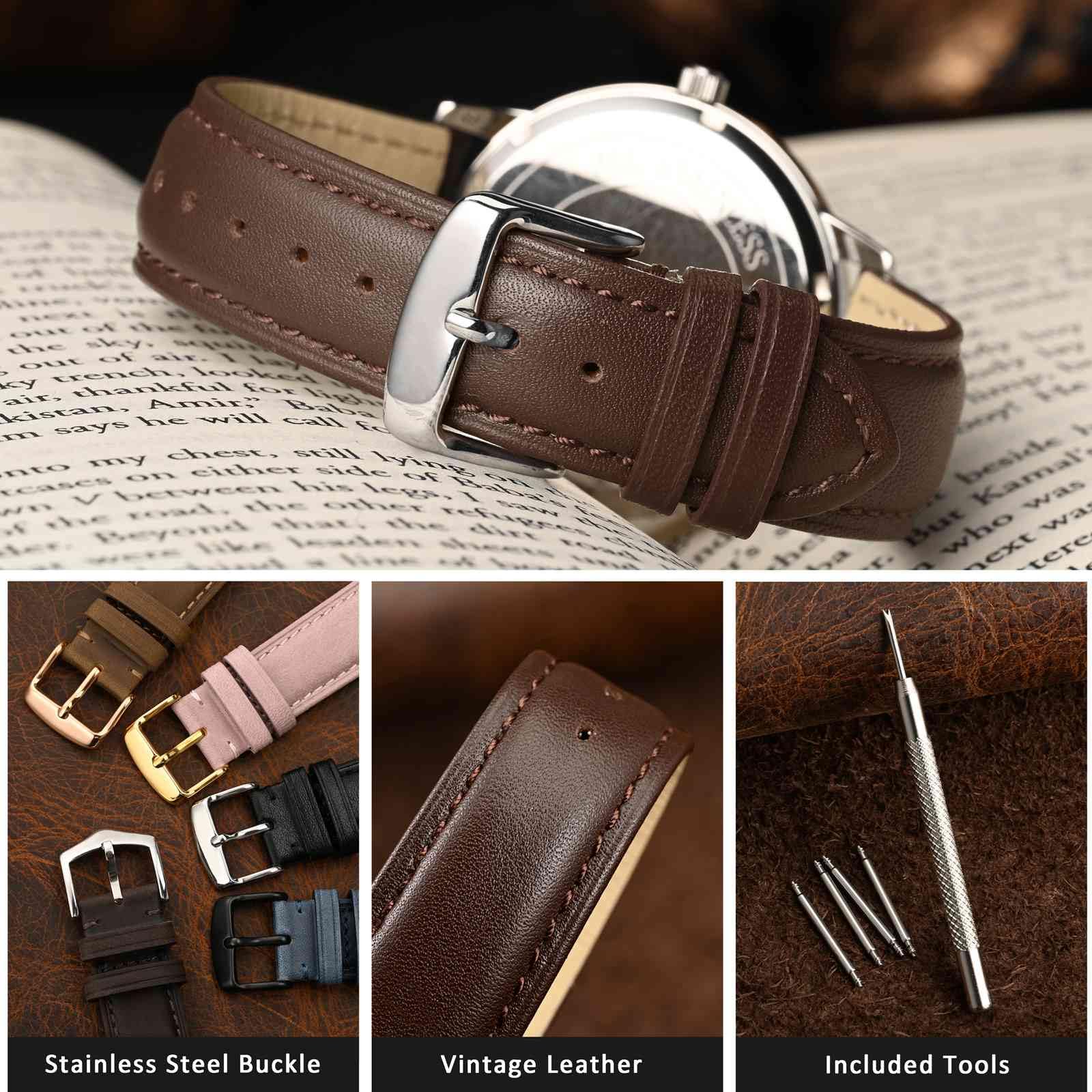 WOCCI 20mm Vintage Leather Watch Band for Men and Women, Silver Buckle (Dark Brown)