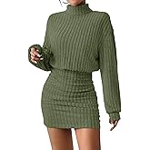 AUXDIO Women's Mock Neck Sweater Dress Fall Long Lantern Sleeve Bodycon 2026 Pullover Mini Short Dresses