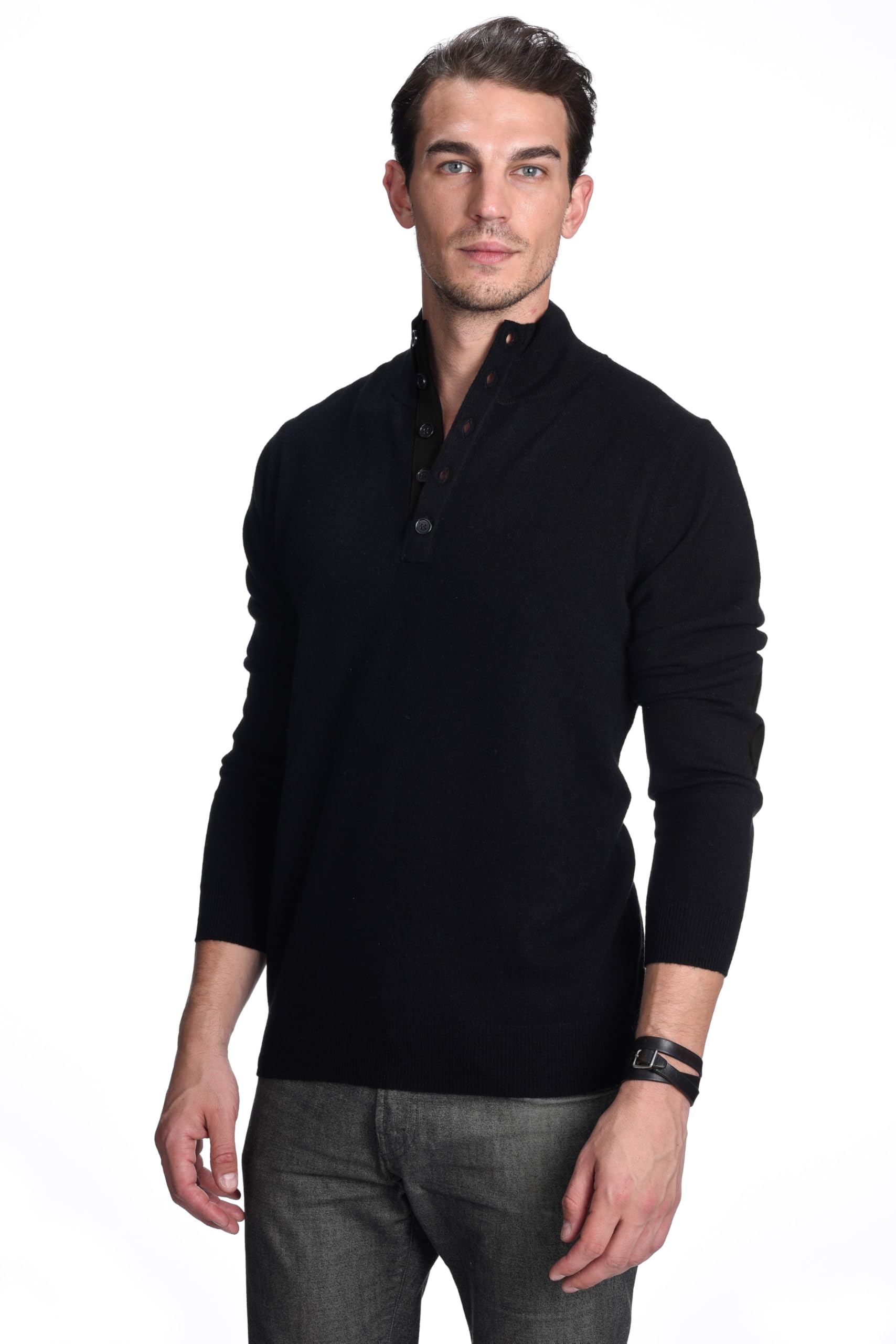 Photo 1 of State Cashmere Button Up Mock Neck Sweater - Long Sleeve Pullover for Men Made Sourced from Inner Mongolia Goats - Soft, Lightweight & Versatile - (Black, Medium)