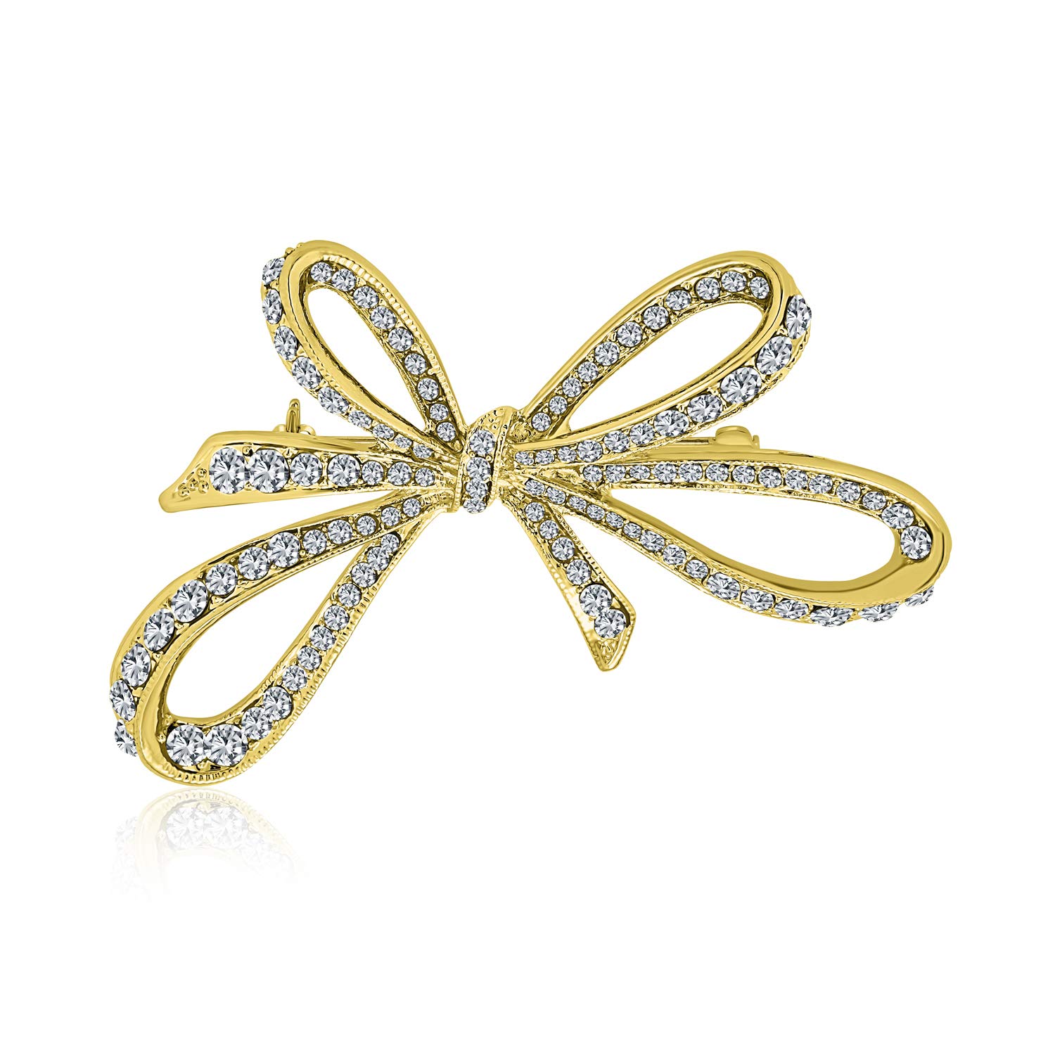Winter Wedding Holiday Clear Glittering Crystal Bridal Fashion Large Statement Ribbon Bow Scarf Brooch Pin For Women Gold Plated