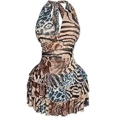 SHENHE Women's Plus Size Mesh Halter Dress Animal Print Deep V Neck Layered Ruffle Y2k Mini Dress
