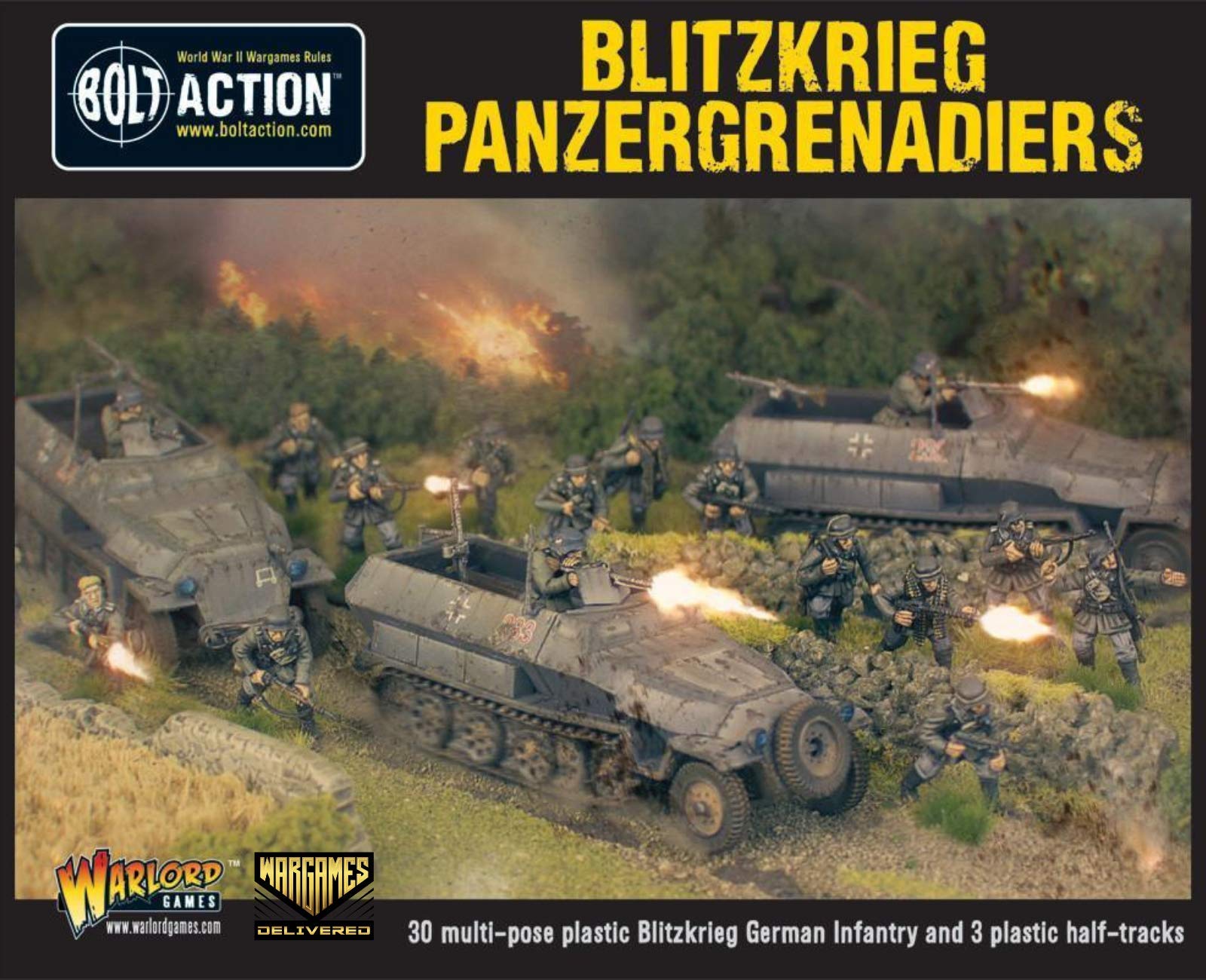 Wargames Delivered - 28mm Tabletop Miniature Wargames - Military Strategy Board Game with 30 Blitzkrieg German Infantry and 3 Half-tracks - Warlord Games Blitzkrieg Panzergrenadiers - 28mm