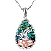 AXOMY Dragonfly Necklace 925 Sterling Silver Abalone Shell Dragonfly Lotus Flower Pendant Necklace Dragonfly Jewelry Gifts for Women Mother