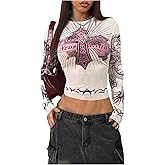WDIRARA Women's Cross Dragon Graphic Sheer Mesh T Shirts Long Sleeve See Through Tee Y2k Goth Crop Top