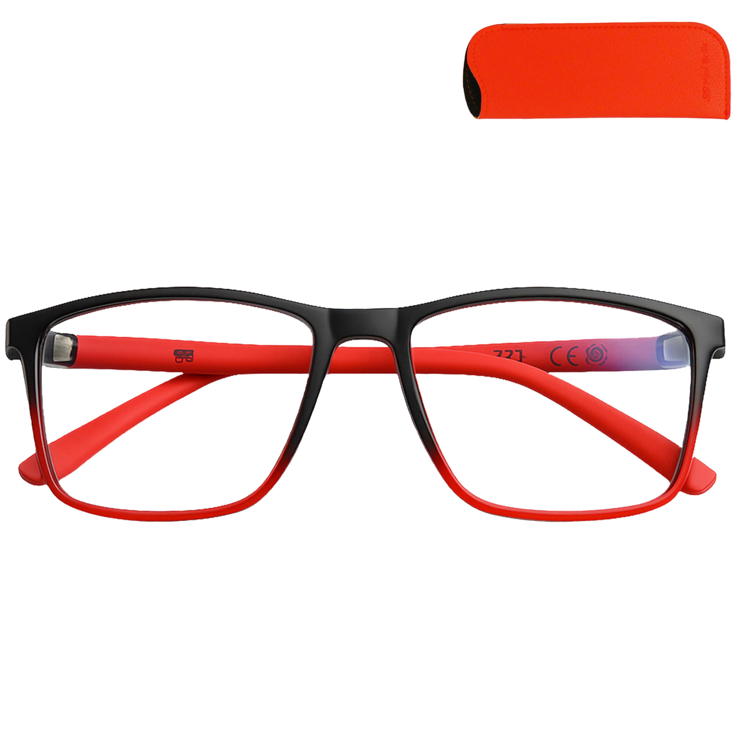 Mini Brille - Flex Gaming Glasses with Blue Light Blocking and NO Magnification, Large Rectangle Lens, Case, Lightweight Frame Black with Red Accent, Women Men Glasses with Anti Blue Light Filter