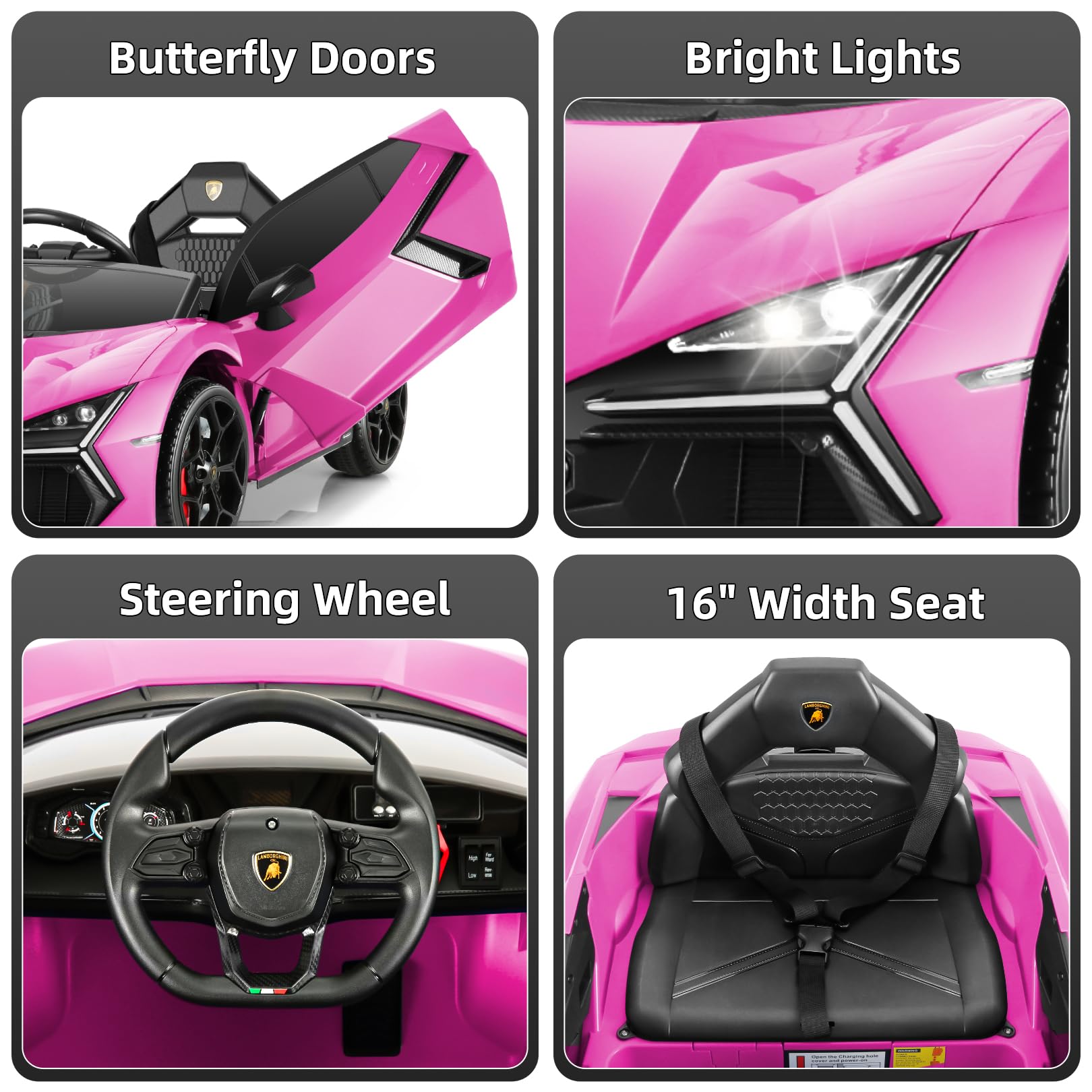 Hikole Lamborghini Toy Car, 12V Electric Sport car, with Remote Control, Motorized Cars for Toddlers, Hydraulic Doors, Brake Caliper, 3 Speeds, Safety Belt, Music/USB/Bluetooth, Hot Pink
