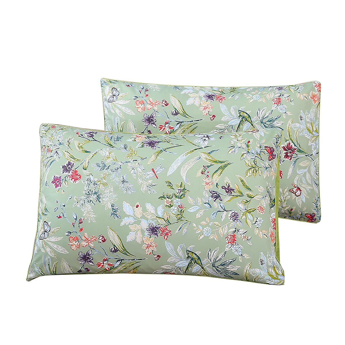Styho 100% Egyptian Cotton Floral Printed Pillow Cases 2 Pack Standard Size Pillow Cover for Hair and Skin(Grass green,50 x 75cm)