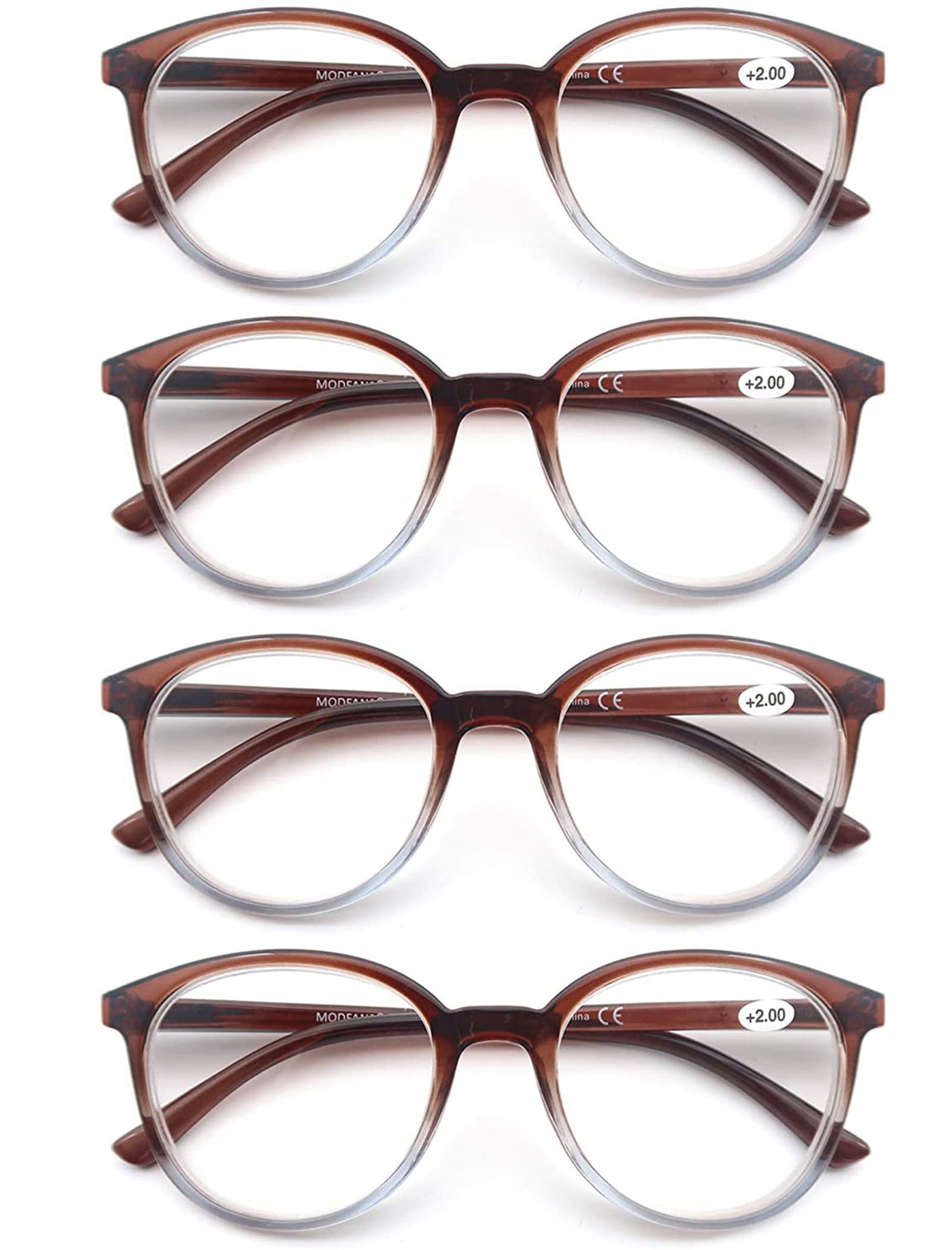 MODFANS 4-Pack Reading Glasses Fashion Printed for Men Women,Readers Glasses Round Frame Comfort Spring Hinges,Eyeglasses(4 Brown)