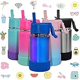 CHILLOUT LIFE 12 oz Kids Insulated Water Bottle for School with Straw Lid Leakproof and Cute Waterproof Stickers, Personalized Stainless Steel Thermos Flask Metal Water Bottle, Dishwasher Safe Color