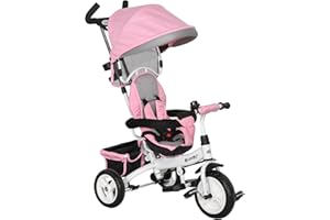 Qaba Toddler Tricycle, 6 in 1 Kids Trike, Baby Bike Stroller with Detachable Guardrail & Handle, Foldable Canopy, 5-Point Saf
