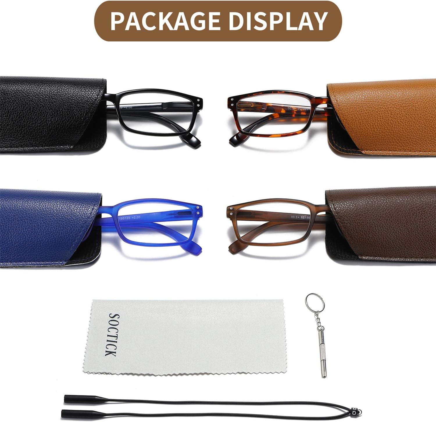 SOCTICK Reading Glasses 4-Pack Lightweight Spring Hinge Onepower Readers for Men and Women,+2.50: Health & Personal Care