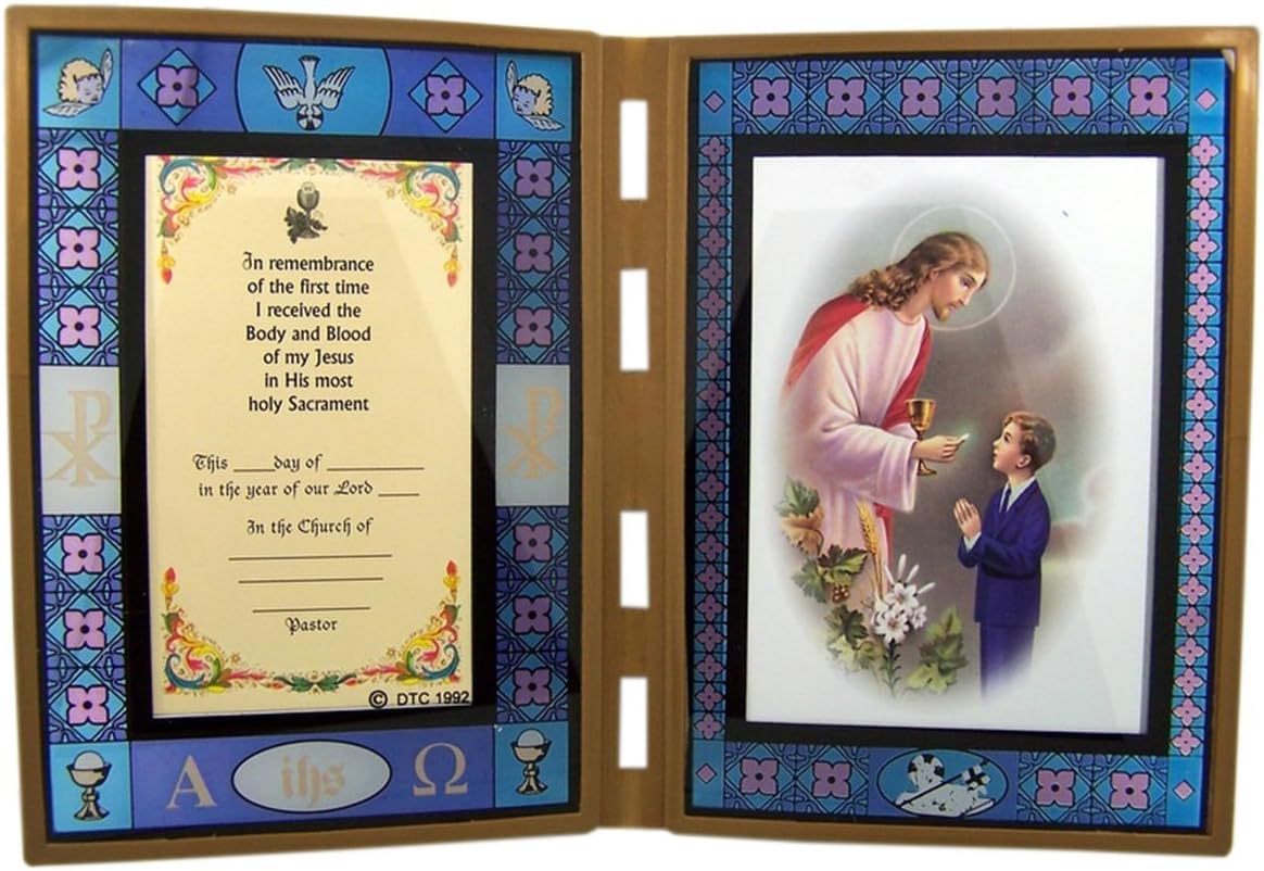 First Communion Boys Stained Glass Folding Picture Frame, 7 Inch