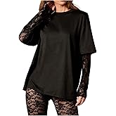 SweatyRocks Women's T Shirts for Women Long Sleeve Lace Patchwork Oversized Tees