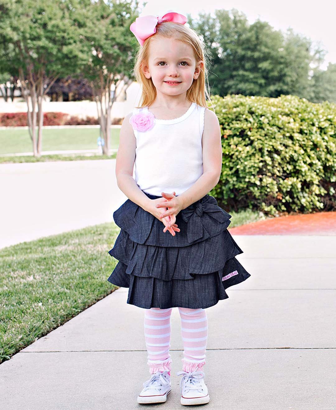 RuffleButts Little Girls Ruffled Denim Skirt with Bow Boutique Adlaida