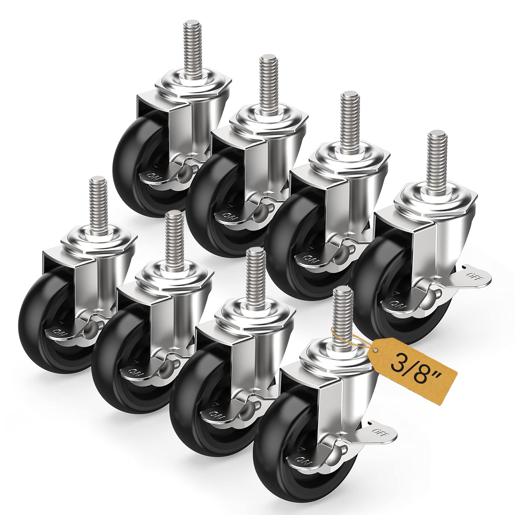 Photo 1 of HOLKIE Caster Wheels 3 inch Locking Casters Set of 8, Threaded Stem 3/8" -16 x 1-1/2" (Diameter 3/8", Length 1-1/2") Swivel Heavy Duty Castors Black