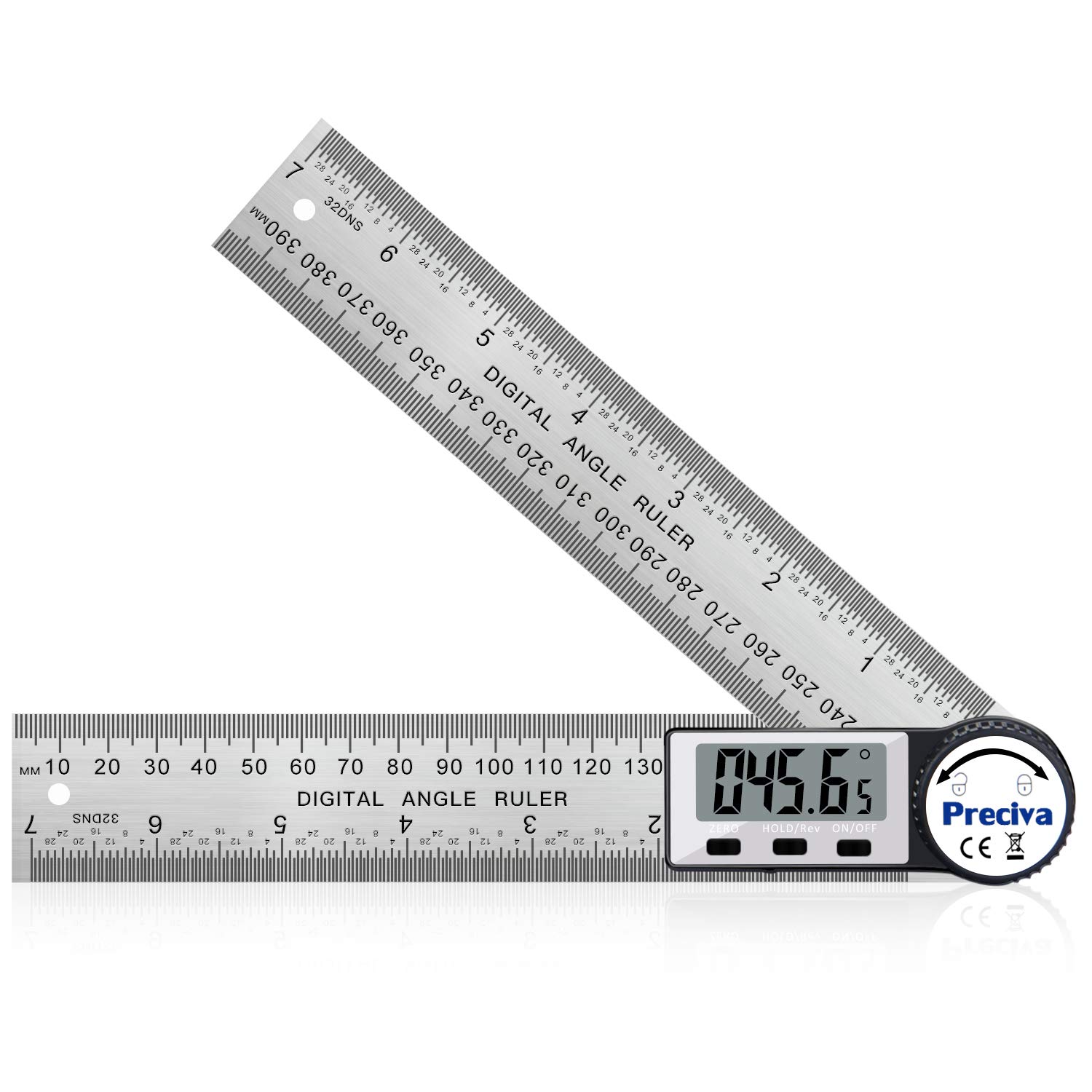 Angle Ruler, Preciva Digital Angles Finder Rule Protractor, 400mm Length Measure with LCD Display, Stainless Steel Woodworking Detector, Hold/Rev, Mm/Inch for Construction (Silver)