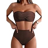 Pink Queen High Waisted Bikini Sets for Women Twist Front Bandeau Top Metal Ring Swimsuits Bathing Suit