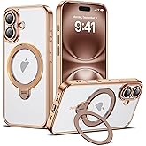 AmoraAqua Compatible with iPhone 16 Case with 360° Rotatable Magnetic Ring Stand [Compatible with Mag-Safe] Full Camera Lens Protector Plating Clear Phone Case for iPhone 16 6.1", Desert Gold
