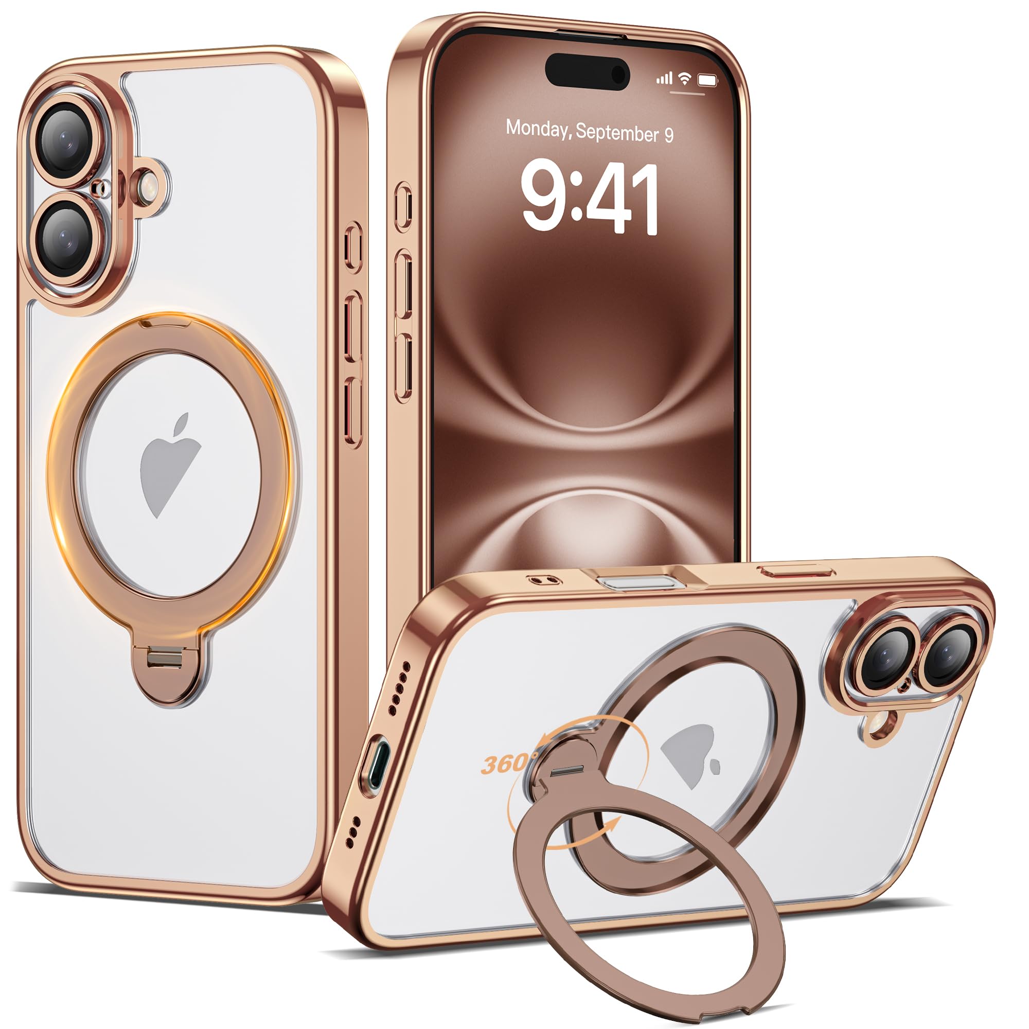 Photo 1 of AmoraAqua Compatible with iPhone 16 Case with 360° Spin Magnetic Ring Stand [Compatible with Mag-Safe] Full Camera Lens Protector Plating Clear Phone Case for iPhone 16 6.1", Desert Gold