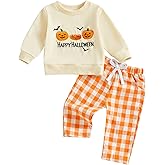Dobeiokal Toddler Boy Halloween Outfit Pumpkin Long Sleeve Sweatshirt Top Elastic Plaid Pants Set Boys Fall Winter Clothes