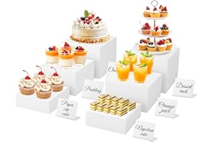 THMINS 6 Pcs White Buffet Risers with Mini Signs,Acrylic Food Risers for Buffet Table,Display Stand for Dessert,Jewelry,Figures show,Cube Display Base with Hollow Bottoms (2set 6",7",8")