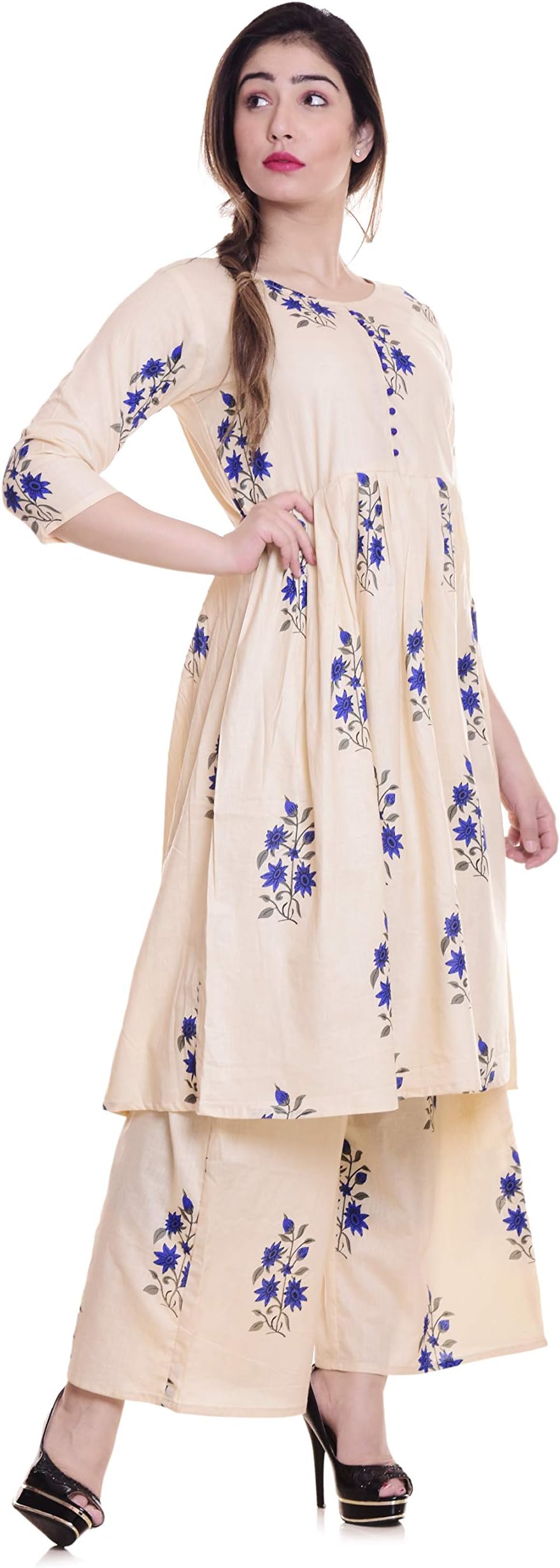 FASHIOTO Women's Cotton Kurta With Palazzo Set (Beige)