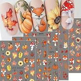 5 Sheets Fall Nail Art Stickers Maple Leaves Nail Decals 3D Self Adhesive Nail Stickers Decals Cute Fox Pumpkin Mushroom Design Autumn Nail Supplies for Women DIY Manicure Decoration