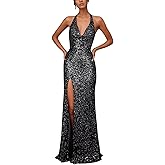 Caodip Sequin Halter Prom Dresses for Teens Mermaid Cocktail Dress for Women Corset Long Ball Gown with Slit