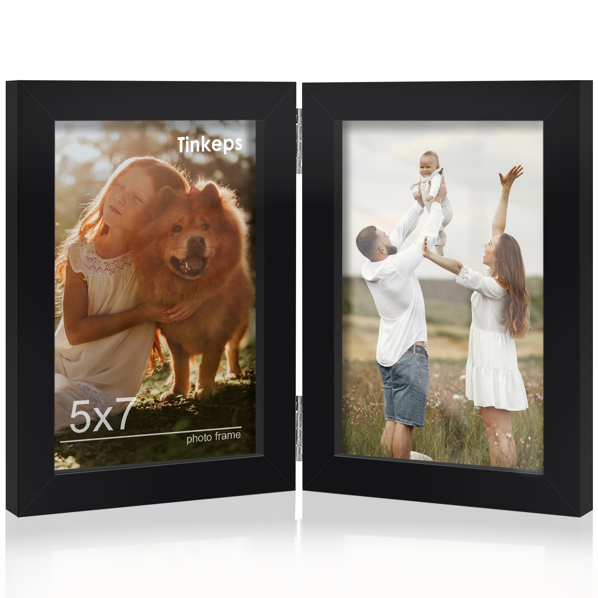 Tinkeps Double Photo Frame 7x5, Hinged Folding Picture Frames 7x5 for Tabletop Display, Black.