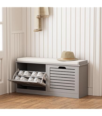 Piskyet Modern Shoe Storage Bench – Entryway Bench With Padded Seat, Adjustable Shelf, White
