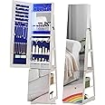 HWB Full-length Mirror with Jewelry Storage, 360° Swivel Jewelry Armoire with Mirror Jewelry Cabinet Standing, Stand up Mirror with Jewelry Storage & Organizer, White